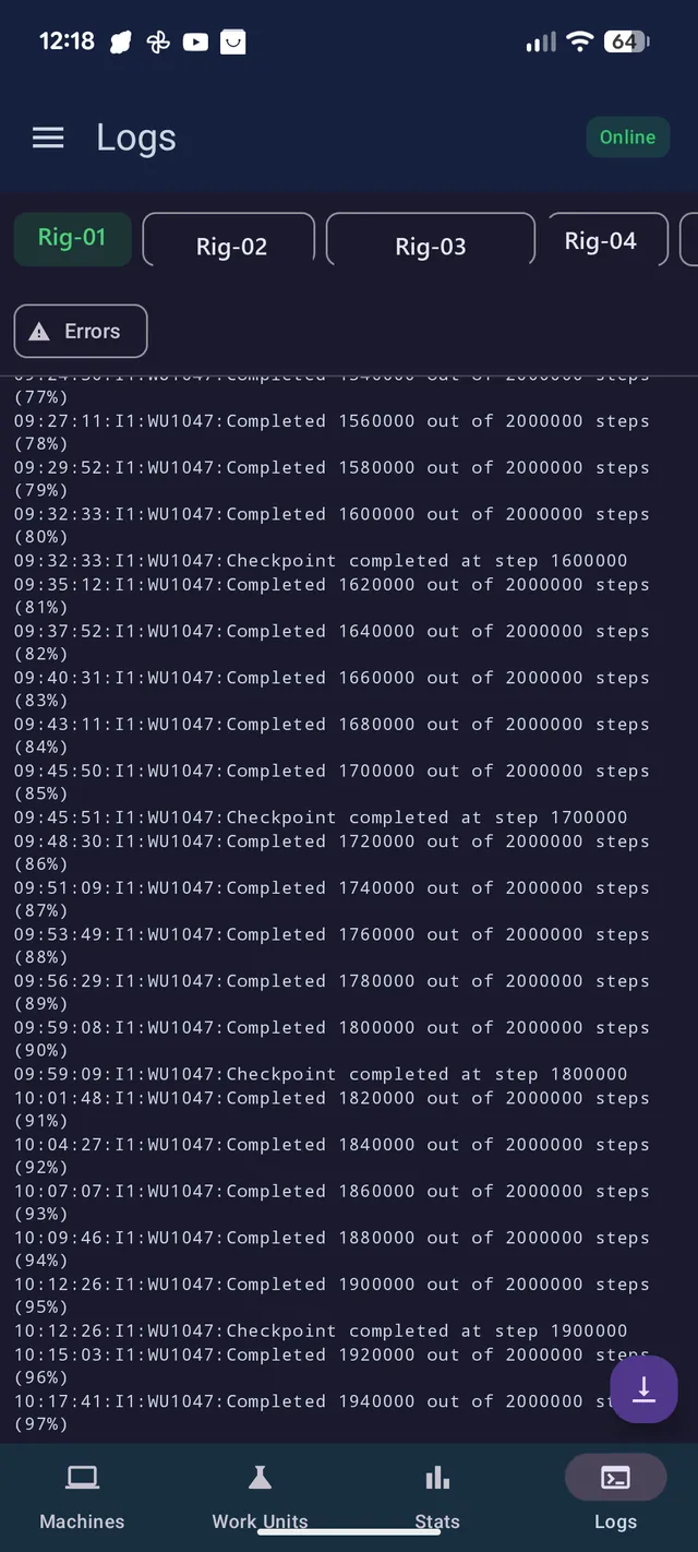 Logs tab — the live per-machine client log